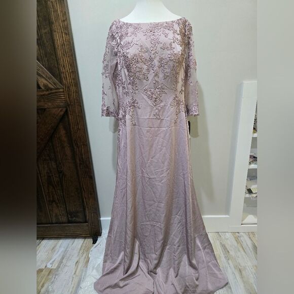 La Femme 29251 Illusion Sleeves Floral Top Dress NWT Sz 14 Light MAUVE/Pink - Picture 3 of 6